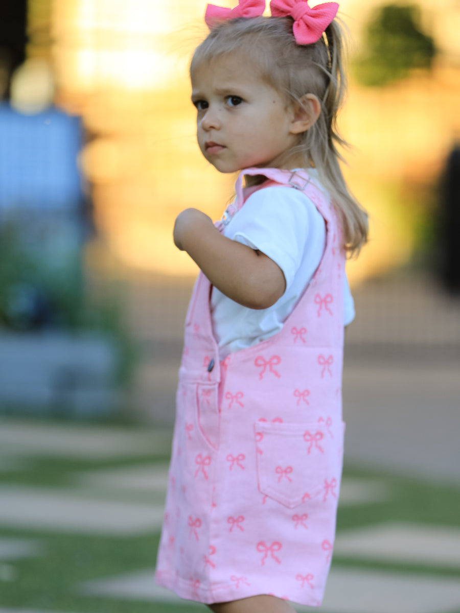 Pink Bow Denim Overall Dress for Girls