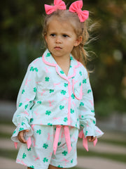 St. Patrick's Day Bow Shamrock Print Ruffles Girls Pajama Set