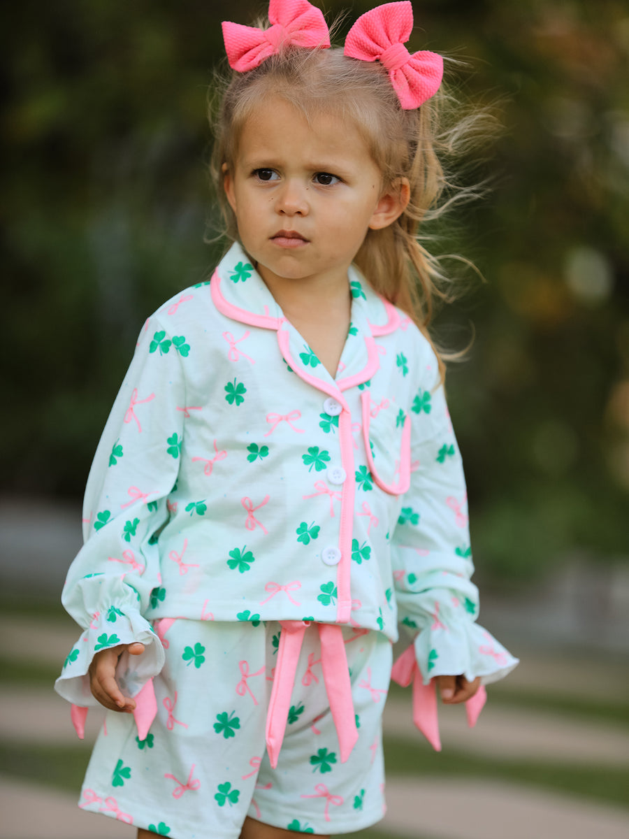 St. Patrick's Day Bow Shamrock Print Ruffles Girls Pajama Set