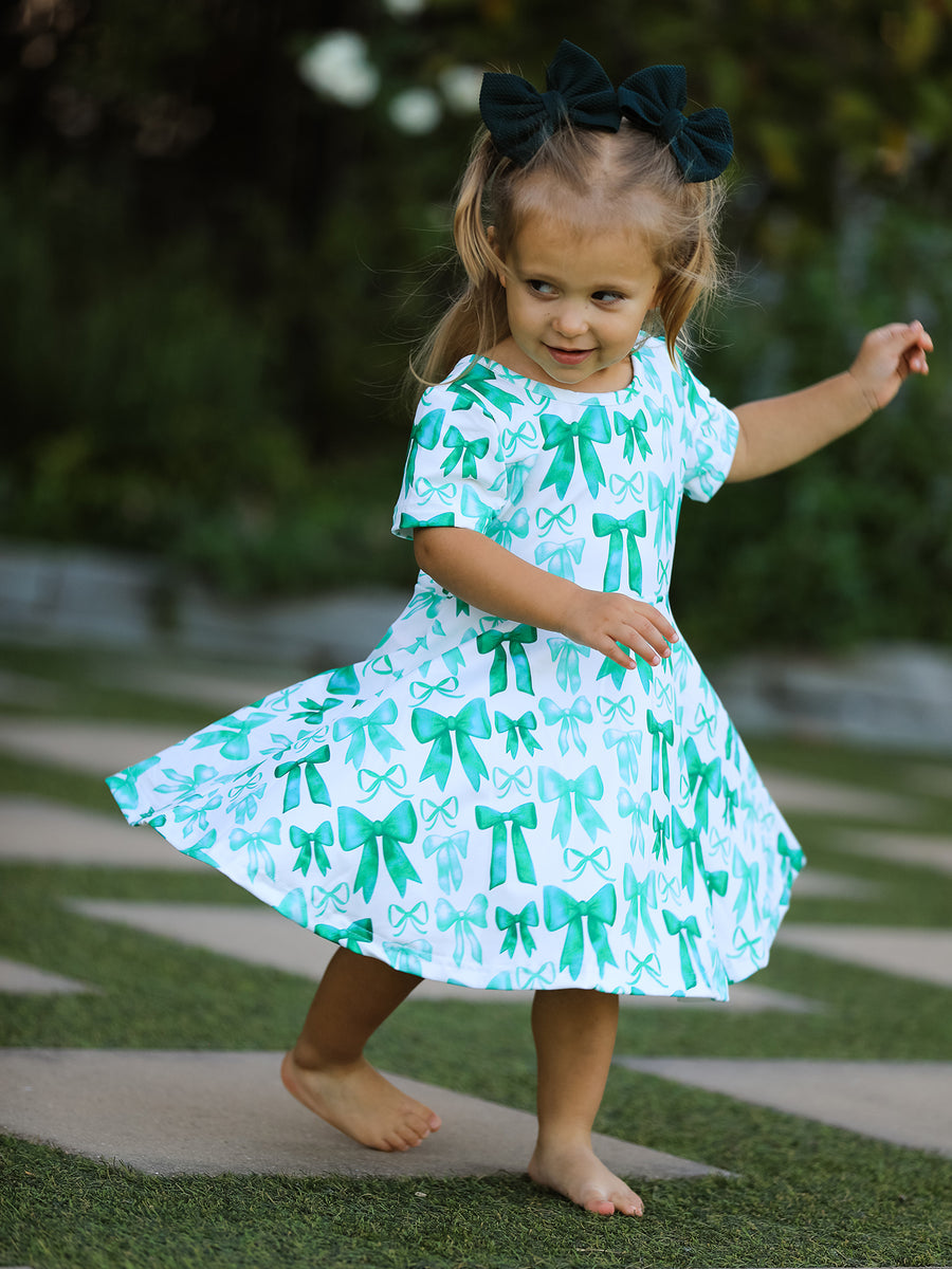 St. Patrick's Day Bow Print  Short Sleeves Girls Dress
