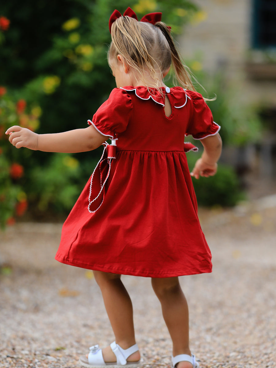 Girls Christmas Reindeer Smocked Red Bow Dress