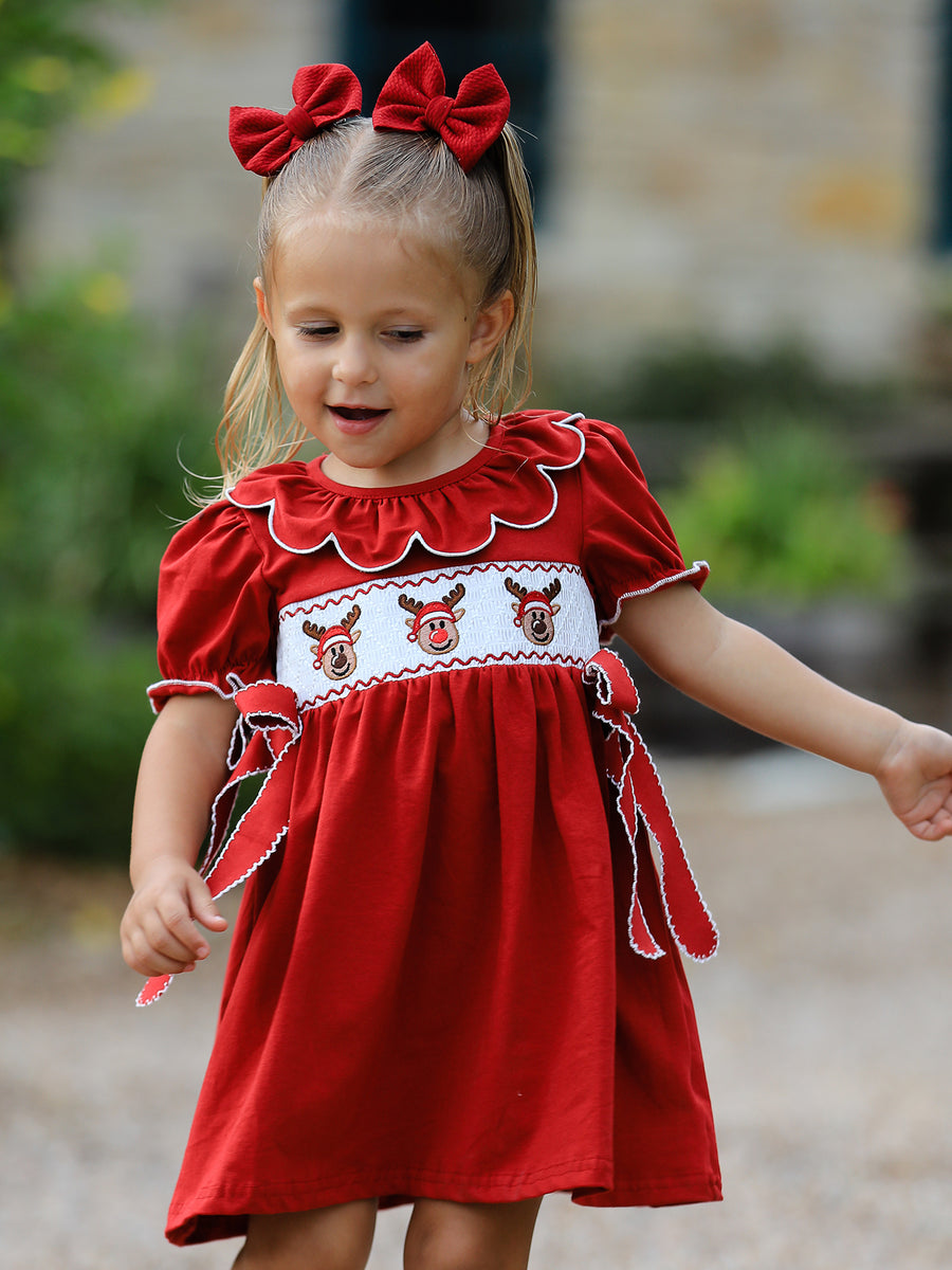 Girls Christmas Reindeer Smocked Red Bow Dress