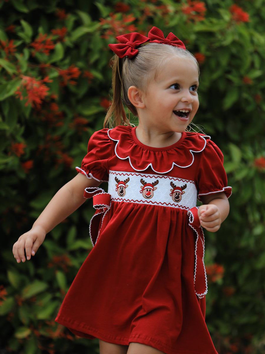 Girls Christmas Reindeer Smocked Red Bow Dress