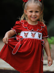 Girls Christmas Reindeer Smocked Red Bow Dress