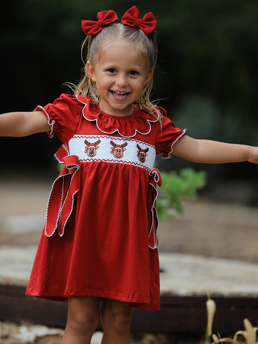 Girls Christmas Reindeer Smocked Red Bow Dress