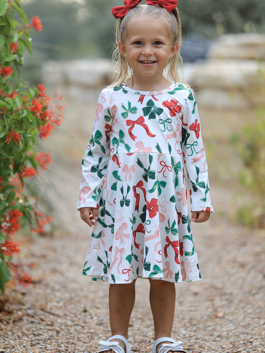 Girls Christmas Bow Print Dress