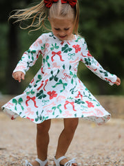 Girls Christmas Bow Print Dress