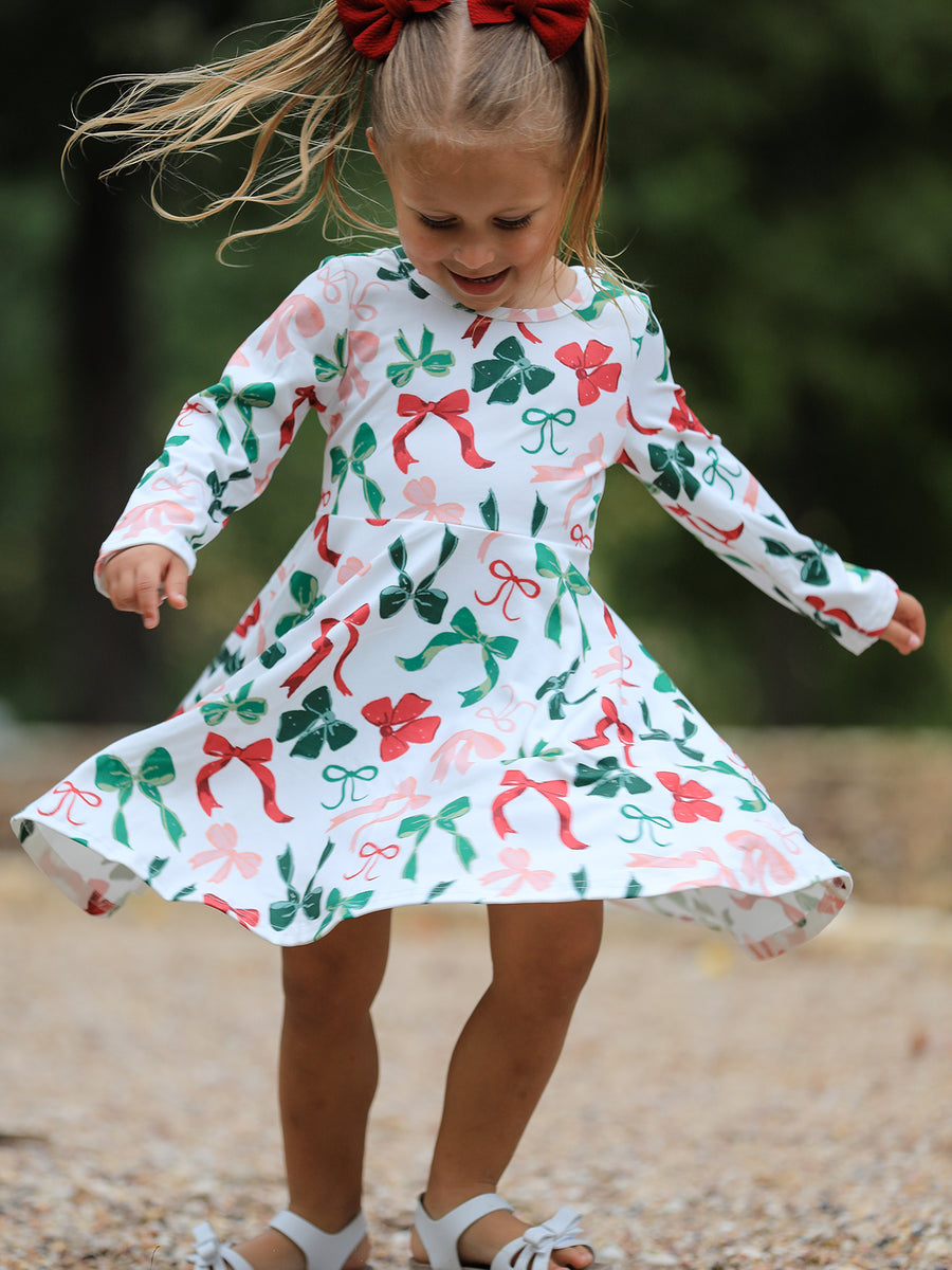 Girls Christmas Bow Print Dress