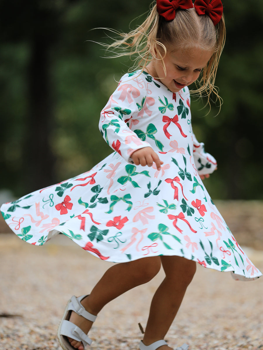 Girls Christmas Bow Print Dress