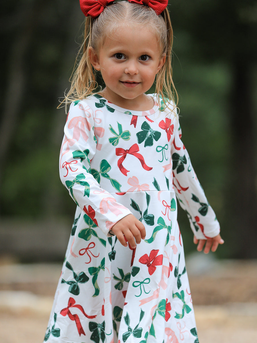 Girls Christmas Bow Print Dress