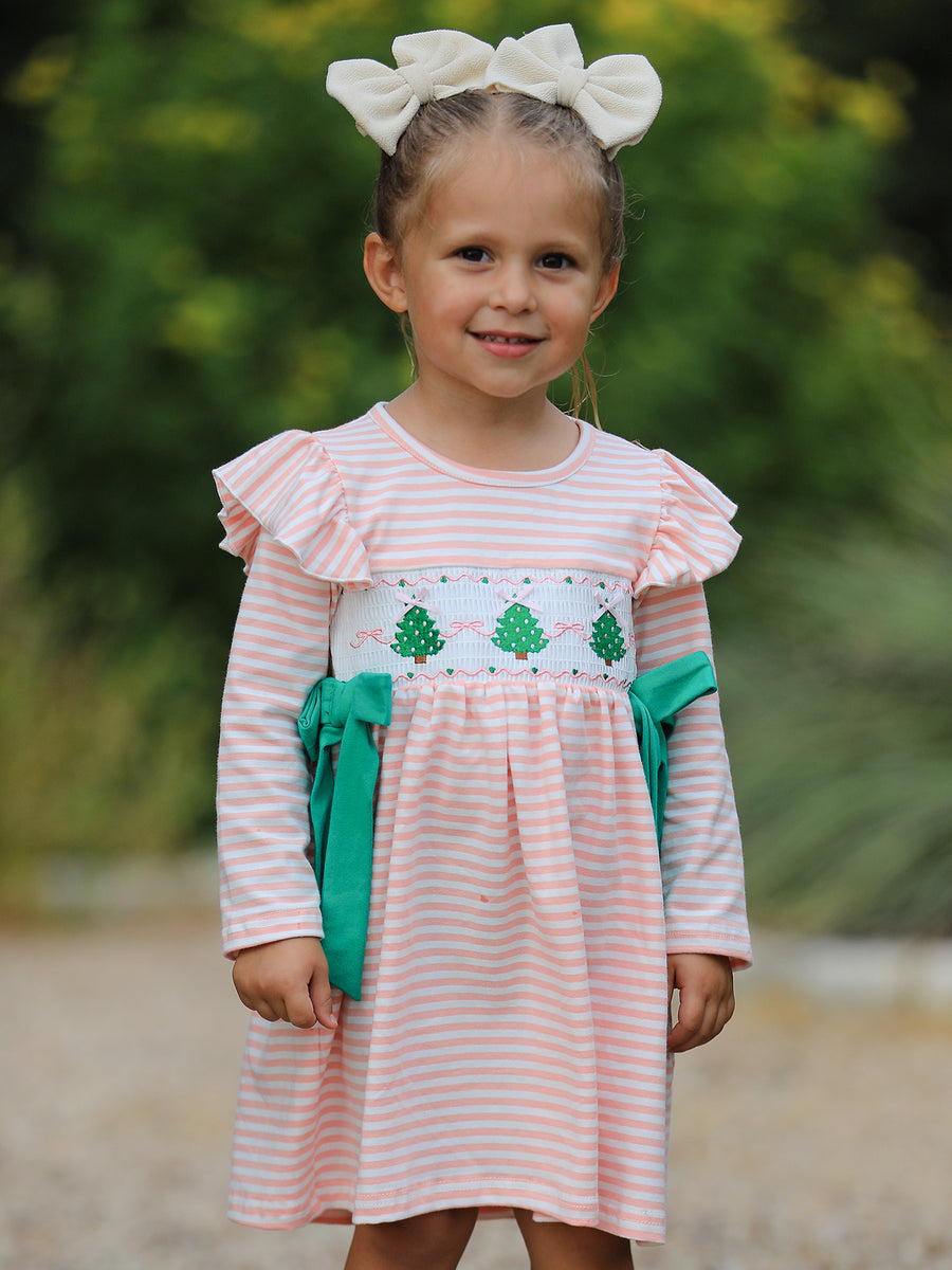 Christmas Tree Smocked Embroidery Stripe Baby Girls Dress