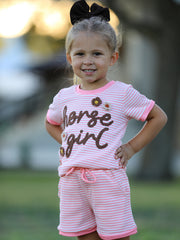 Horse Girl Pink Striped T Shirt And Shorts Set