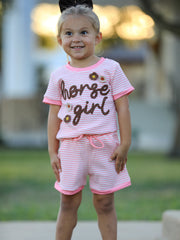 Horse Girl Pink Striped T Shirt And Shorts Set