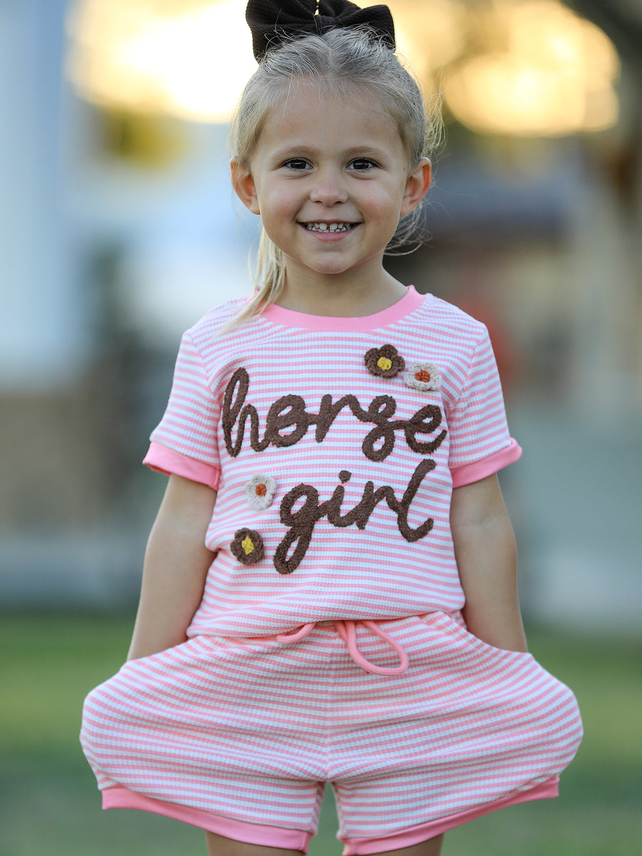 Horse Girl Pink Striped T Shirt And Shorts Set
