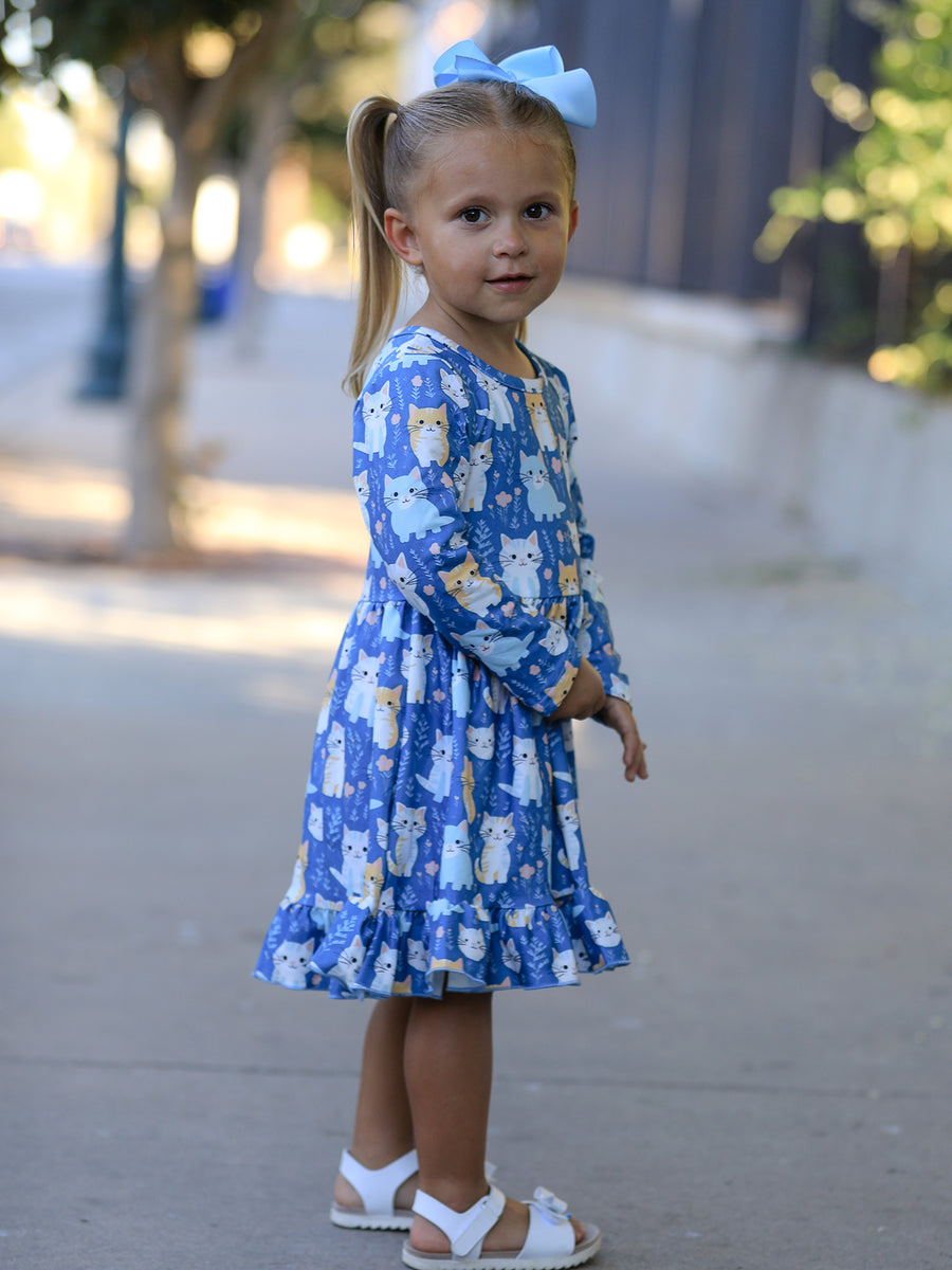 Fall Cat Print Girls Long Sleeve Ruffle Hem Dress