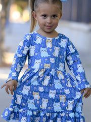 Fall Cat Print Girls Long Sleeve Ruffle Hem Dress