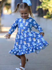 Fall Cat Print Girls Long Sleeve Ruffle Hem Dress