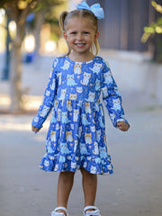 Fall Cat Print Girls Long Sleeve Ruffle Hem Dress