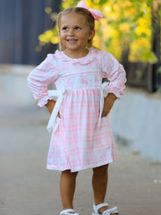 Fall Pink Plaid Ruffle Ballet Shoe Embroidery Long Sleeve Dress