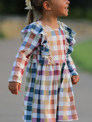 Fall Thanksgiving Plaid Long Sleeve Girls Dress