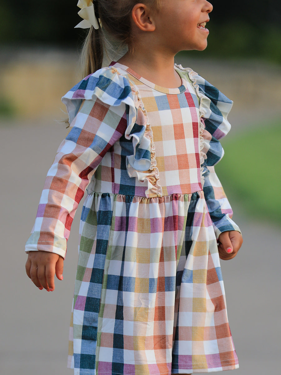 Fall Thanksgiving Plaid Long Sleeve Girls Dress