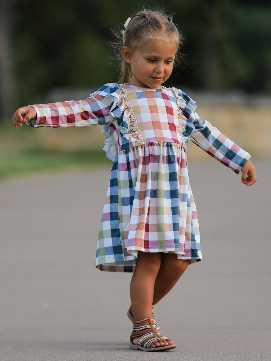 Fall Thanksgiving Plaid Long Sleeve Girls Dress