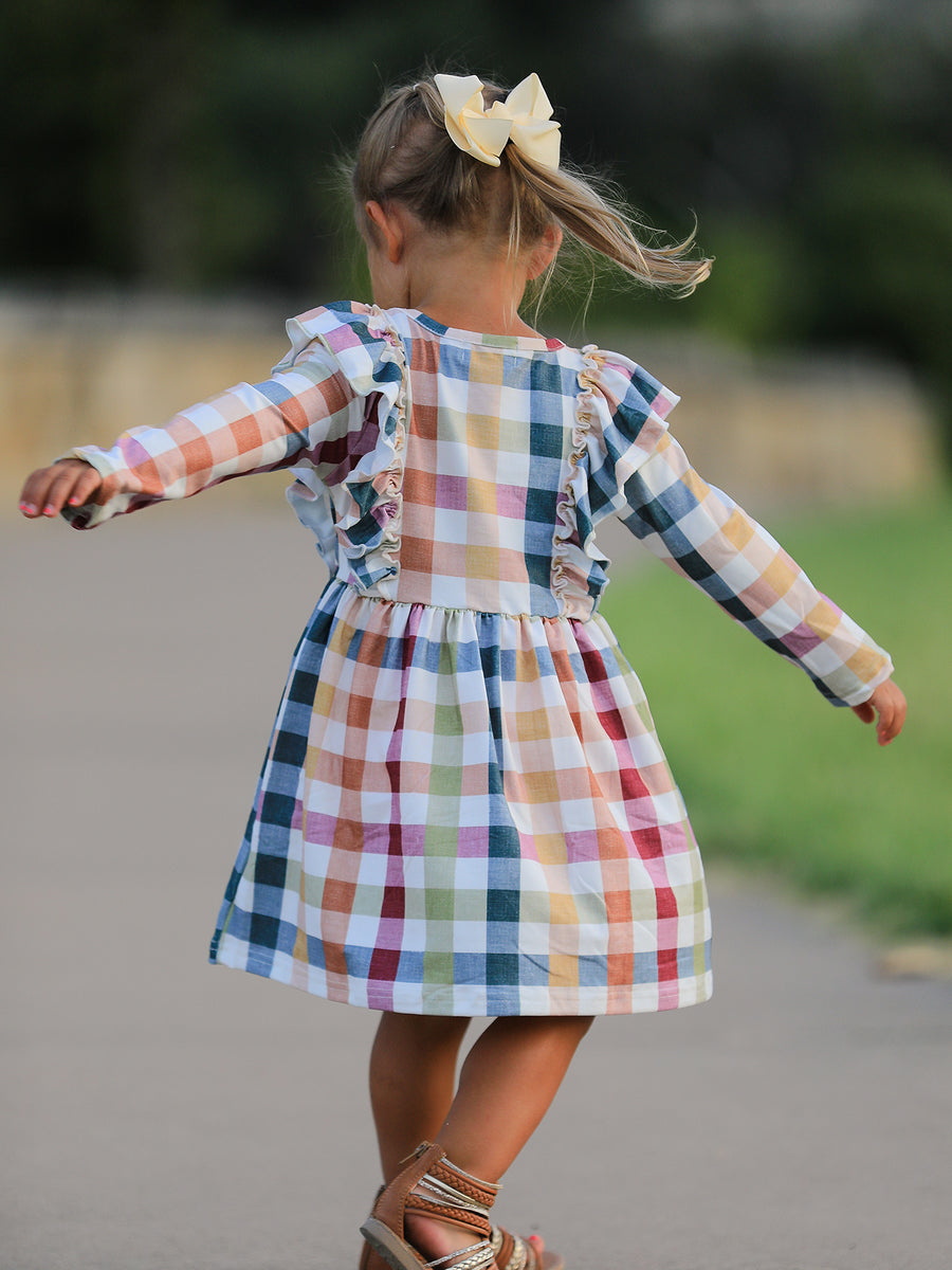 Fall Thanksgiving Plaid Long Sleeve Girls Dress