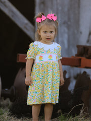 Easter Yellow Chick Embroidery Floral Girl Dress Petal Collar