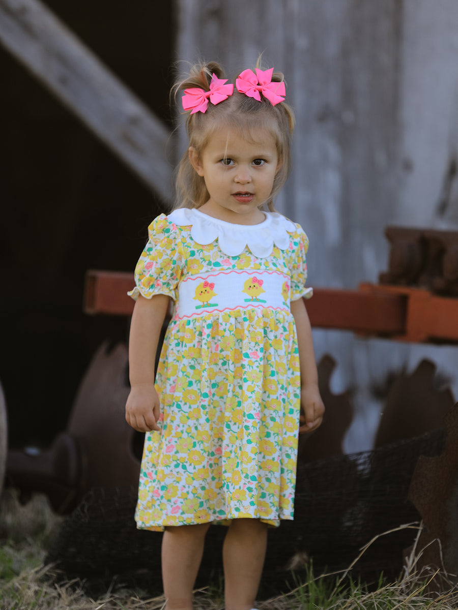 Easter Yellow Chick Embroidery Floral Girl Dress Petal Collar
