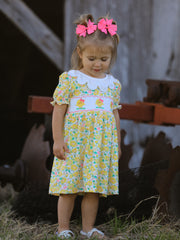 Easter Yellow Chick Embroidery Floral Girl Dress Petal Collar