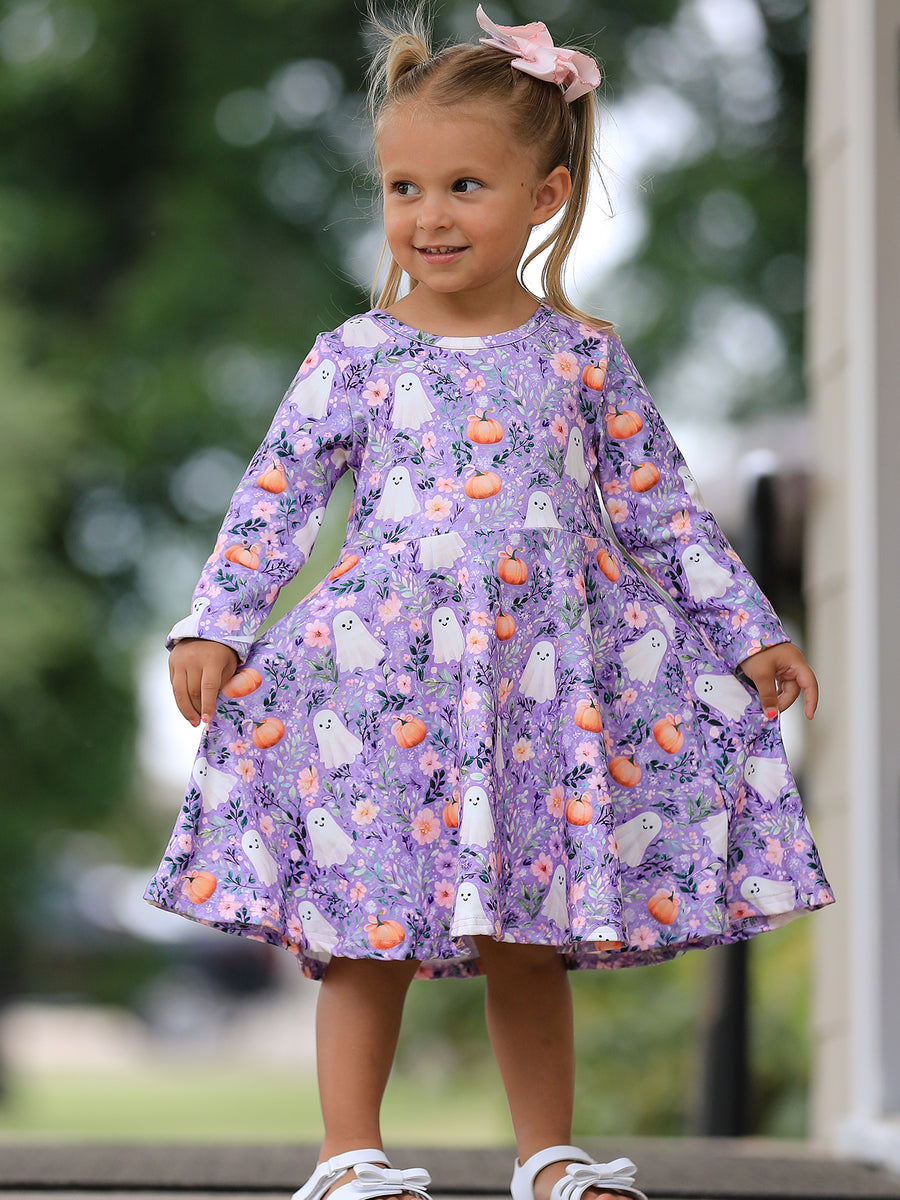 Halloween Ghost Pumpkin Girls Long Sleeve Twirl Dress