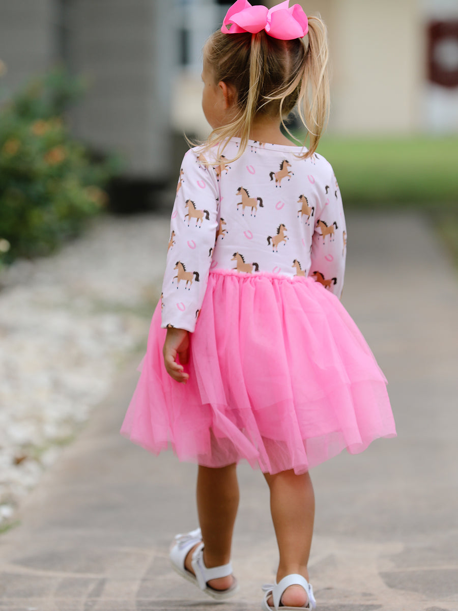Western Horse Print Girls Dress Tulle Ruffle Long Sleeve