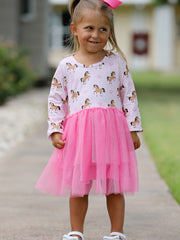 Western Horse Print Girls Dress Tulle Ruffle Long Sleeve