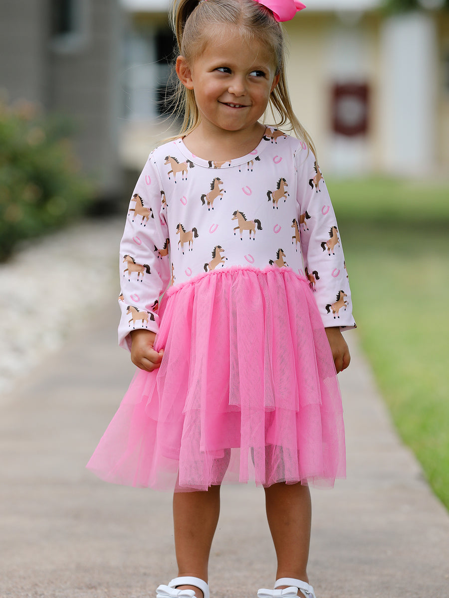 Western Horse Print Girls Dress Tulle Ruffle Long Sleeve