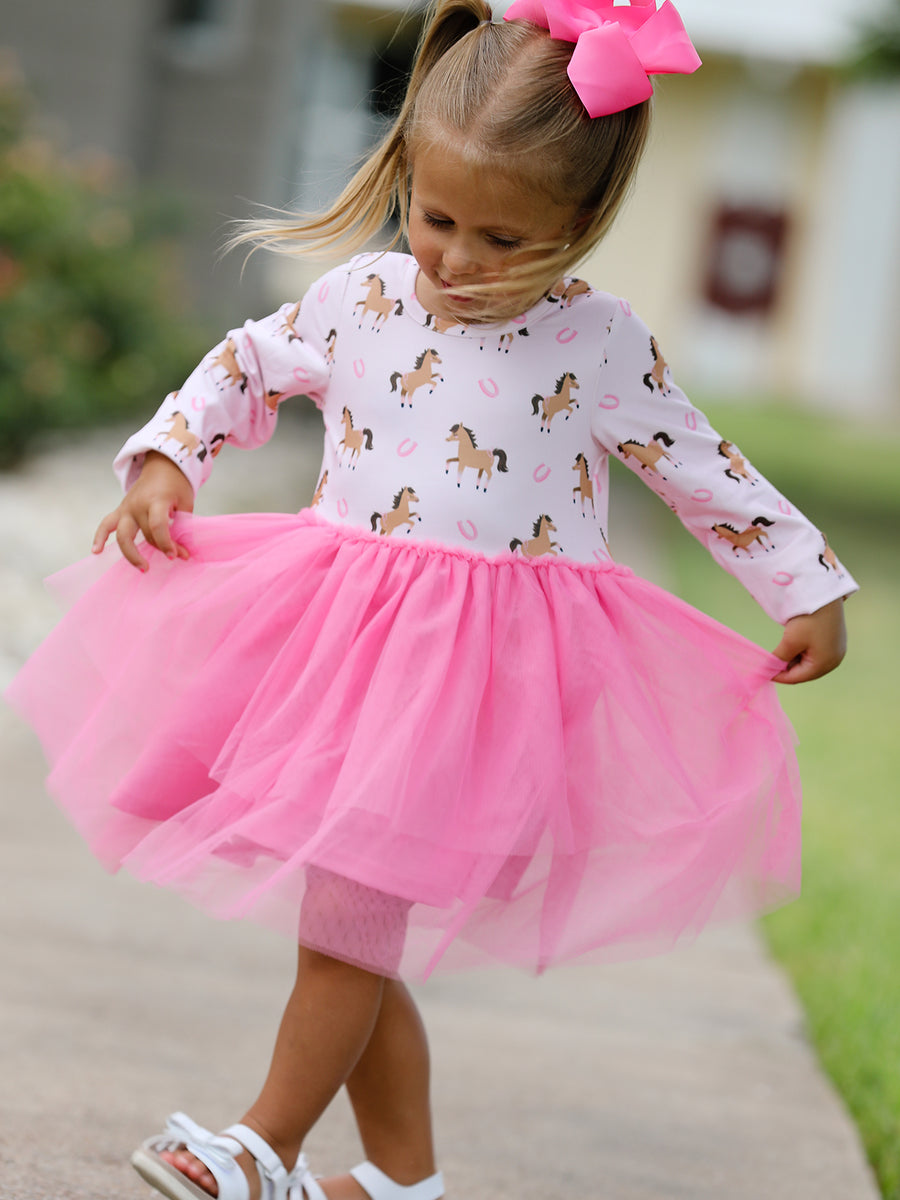 Western Horse Print Girls Dress Tulle Ruffle Long Sleeve