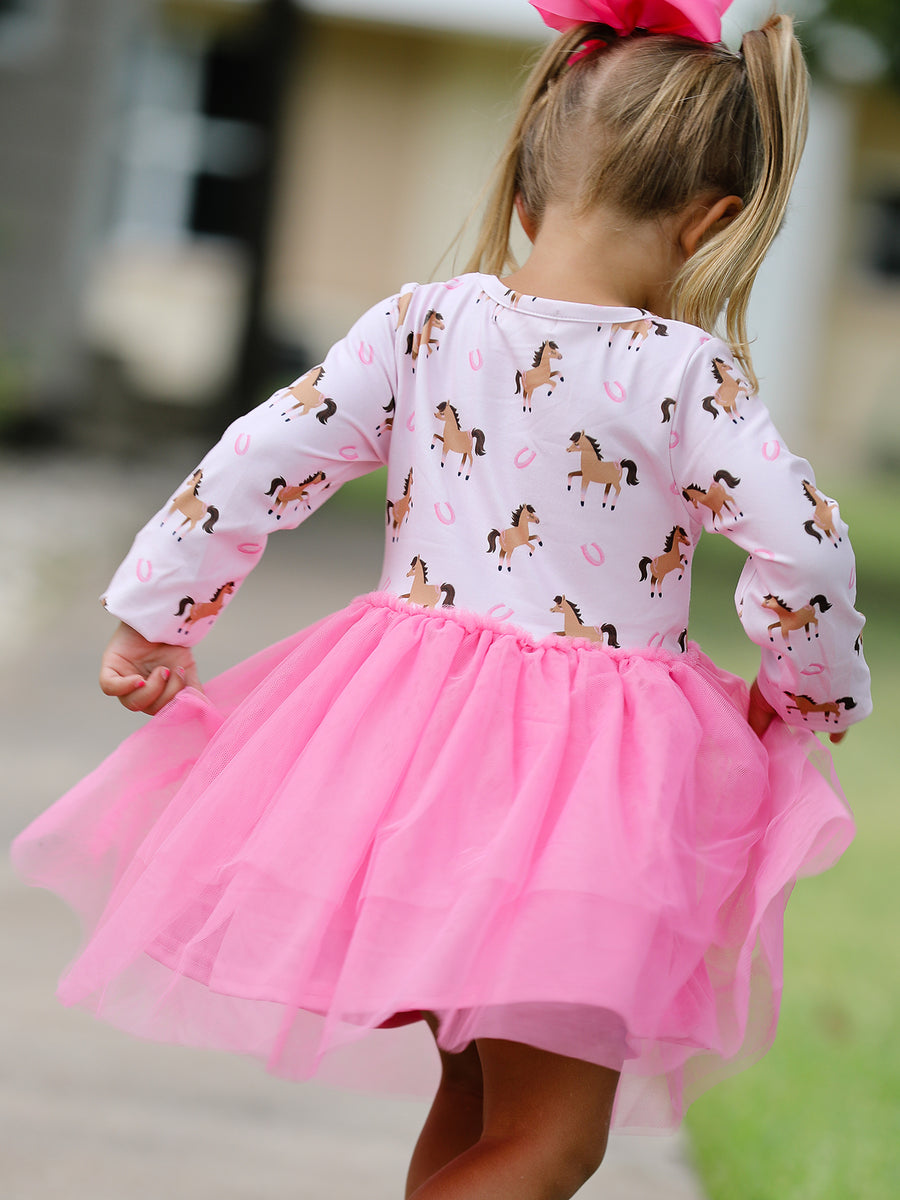 Western Horse Print Girls Dress Tulle Ruffle Long Sleeve