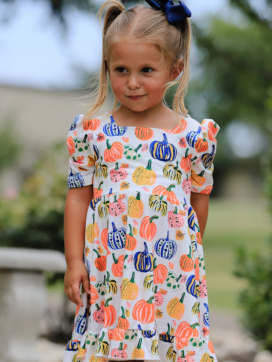 Halloween Pumpkin Print Girls Ruffle Hem Dress