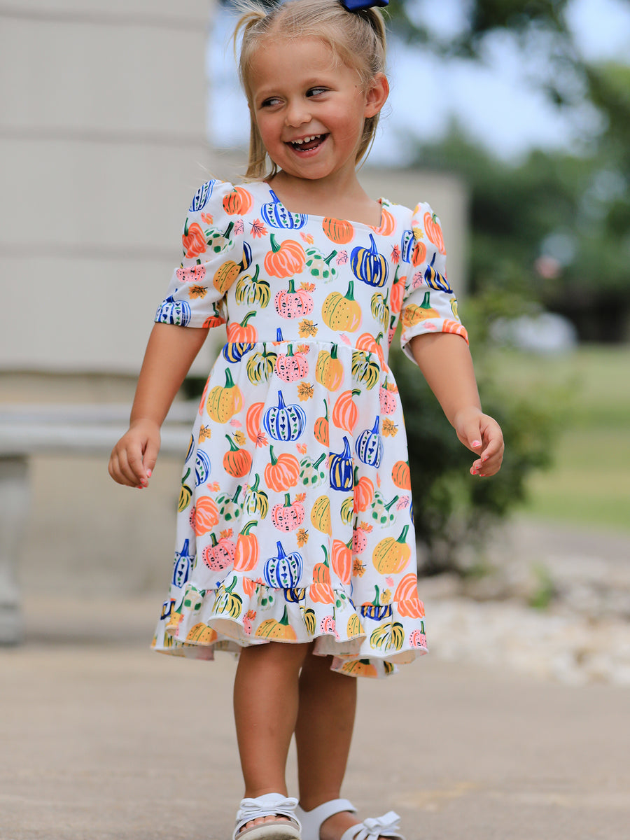 Halloween Pumpkin Print Girls Ruffle Hem Dress