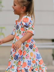 Halloween Pumpkin Print Girls Ruffle Hem Dress