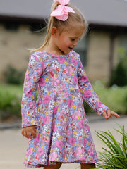 Fall Vintage Floral Print Girls Long Sleeve Twirl Dress