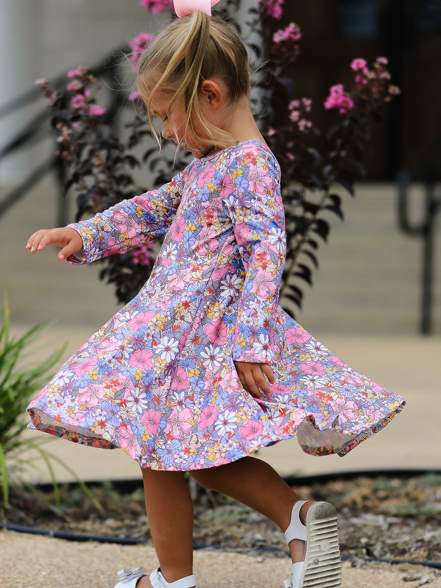 Fall Vintage Floral Print Girls Long Sleeve Twirl Dress