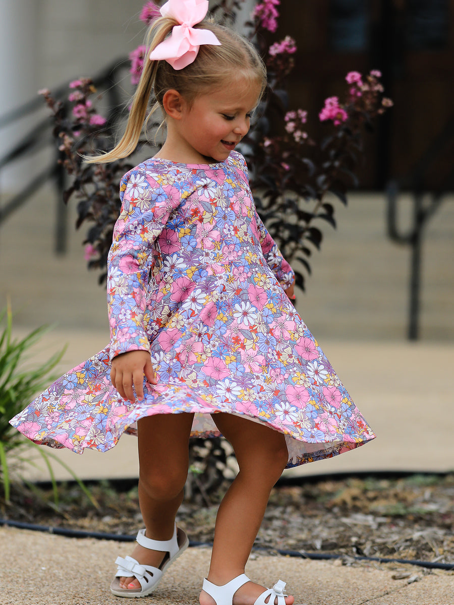 Fall Vintage Floral Print Girls Long Sleeve Twirl Dress