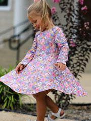 Fall Vintage Floral Print Girls Long Sleeve Twirl Dress