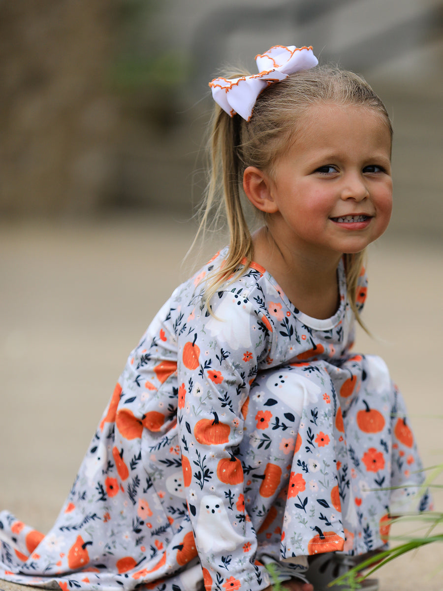 Halloween Pumpkin Ghost Girls Dress Long Sleeve Twirl Dress