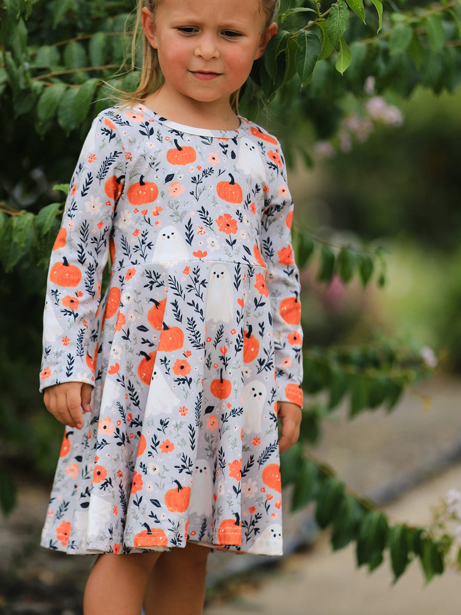 Halloween Pumpkin Ghost Girls Dress Long Sleeve Twirl Dress