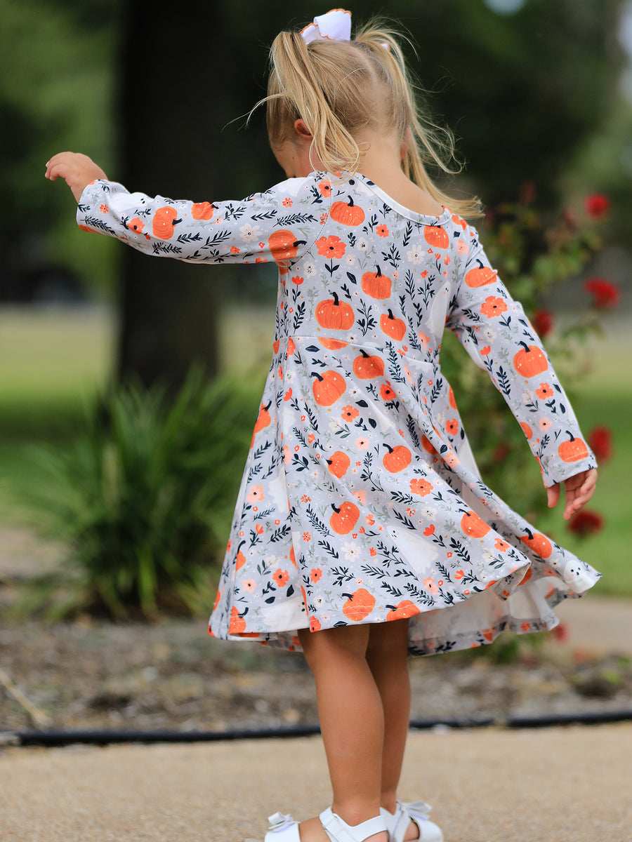 Halloween Pumpkin Ghost Girls Dress Long Sleeve Twirl Dress