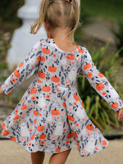 Halloween Pumpkin Ghost Girls Dress Long Sleeve Twirl Dress