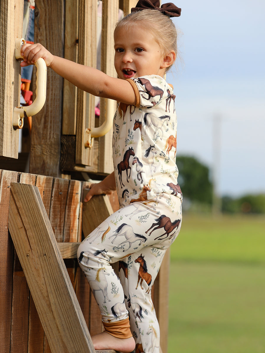 Girls Western Horse Print Short Sleeve Pajama Set