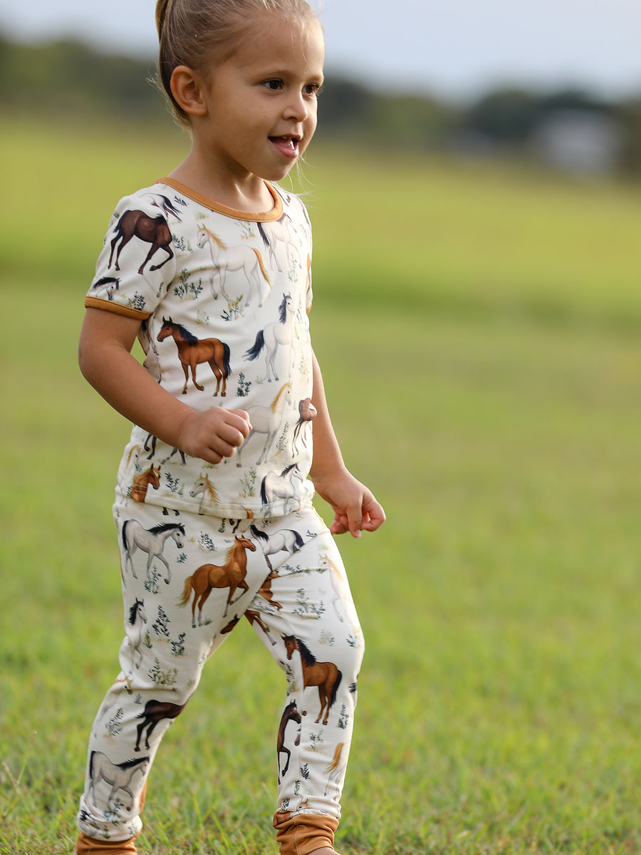 Girls Western Horse Print Short Sleeve Pajama Set