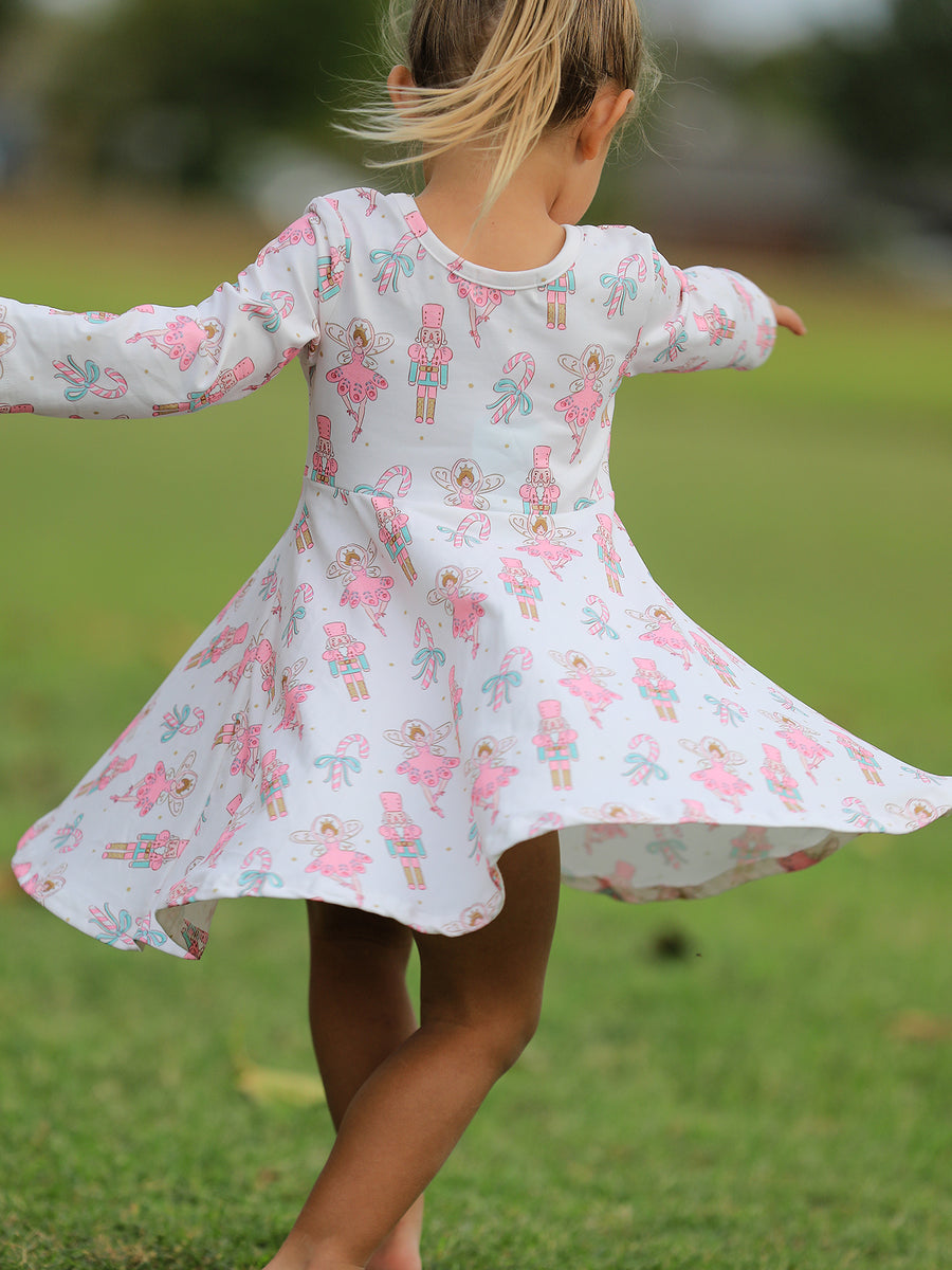 Girls' Playful Long Sleeve Twirl Dress
